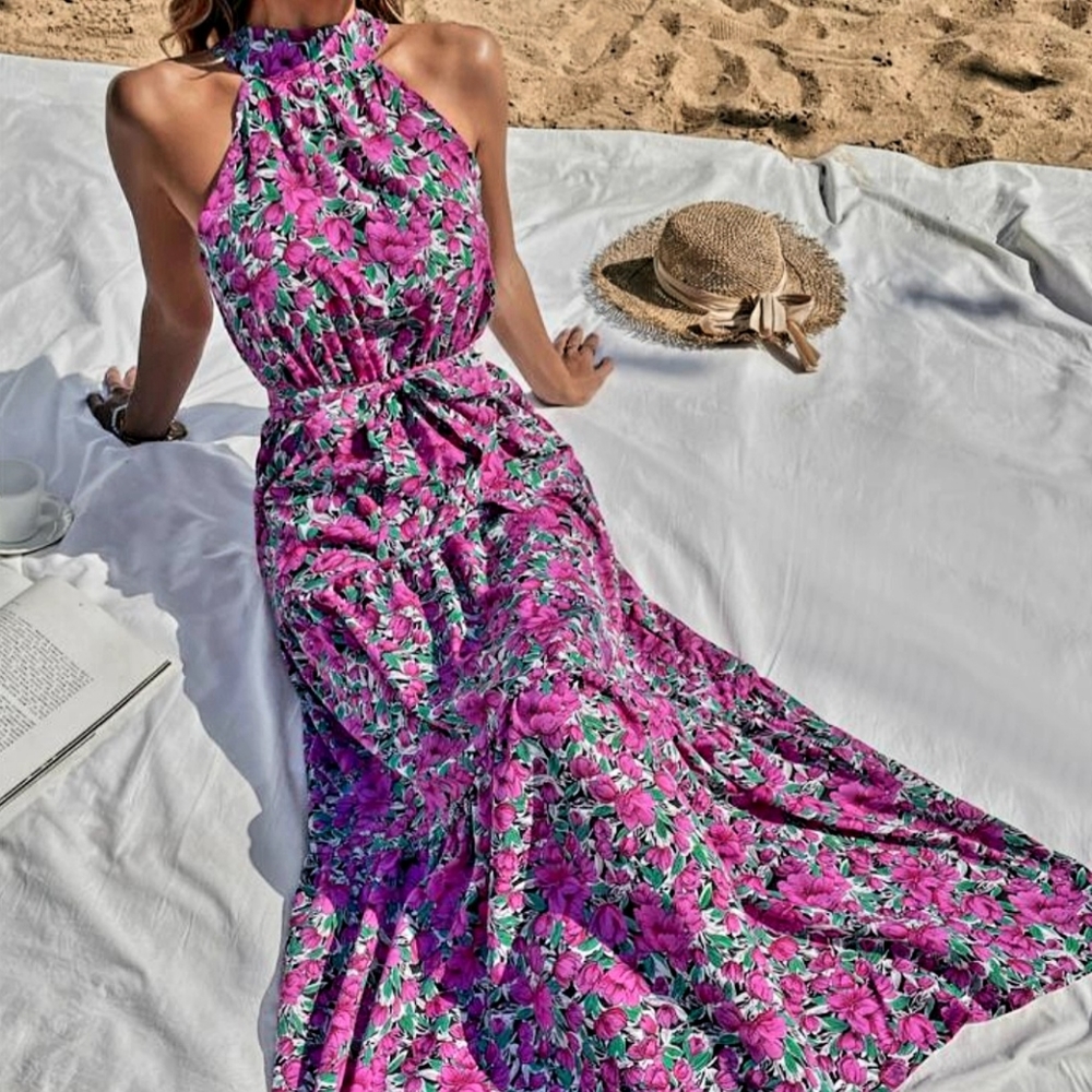 PURPLE FLORAL PRINT HALTER MAXI